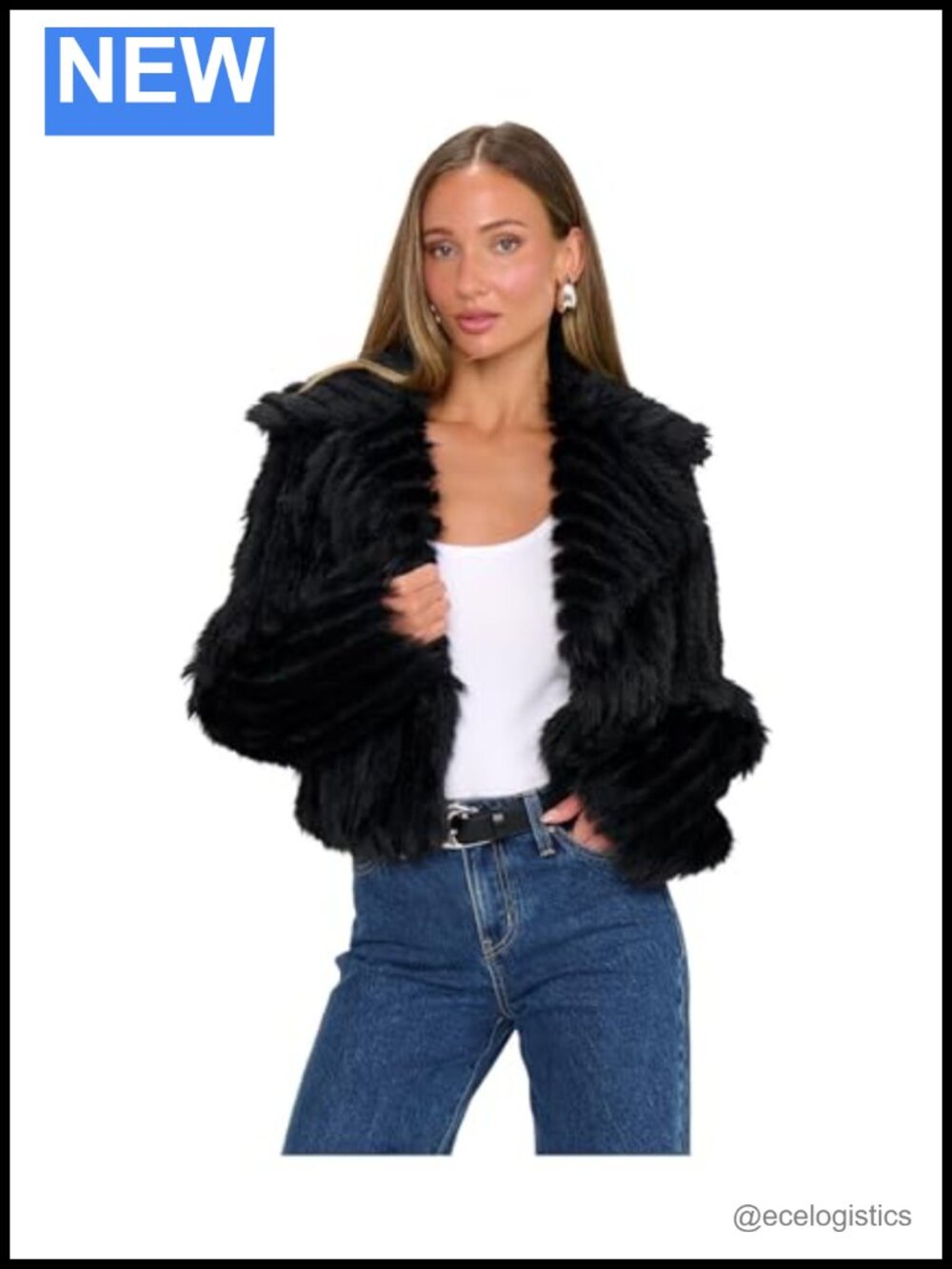 Cropped Faux Fur Jacket with Shawl Collar - Hook & Eye Closure